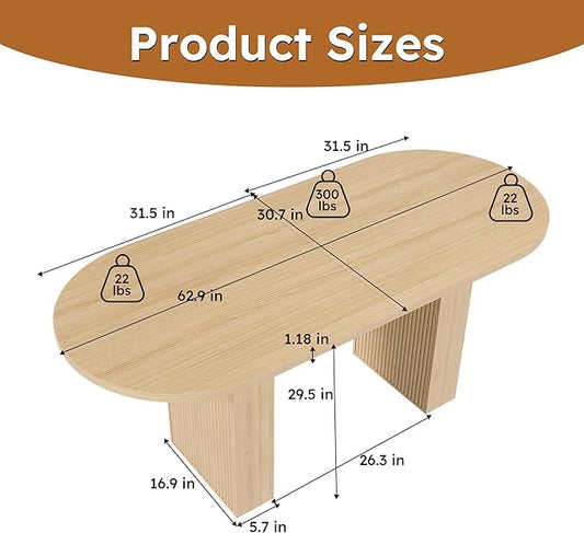 KEIKI 63" Oval Kitchen Table, Modern Farmhouse Kitchen Dining Table for 4-6, Large Round Pedestal Dining Table with Wood Strip Base, Waterproof Scratch Resistant Surface, Natural