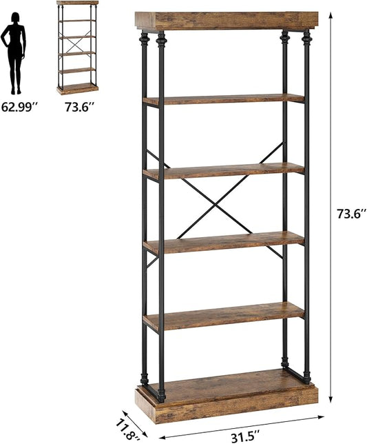 CABIHOME Bookshelf Industrial Bookcase Wooden Storage Open Rack Shelf with Metal Frame Rustic 6 Tier Tall Standing Bookshelves Large Display Rack for Bedroom,Living Room and Home Office