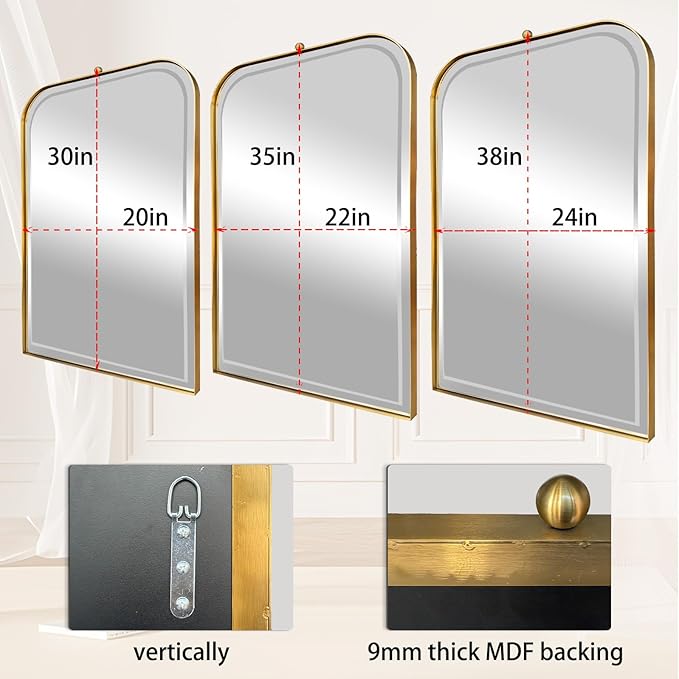 POZINO Brushed Gold Beveled Mirror, 24"x38" Arched Vanity Mirror Over Sink, Rounded Rectangle Mirrors with Stainless Steel Frame, Brass Oblong Mirrors for Bathroom Bedroom Living Room Entryway