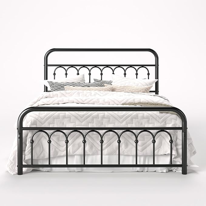 Allewie 14 Inches Queen Size Metal Platform Bed Frame with Victorian Style Curved Iron-Art Headboard/Footboard, Metal Slats Support, Easy Assembly, Under Bed Storage, No Box Spring Required, Black