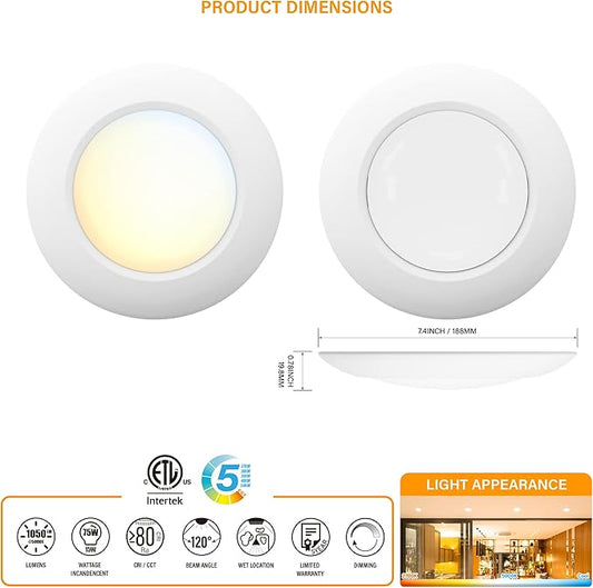 8 Packs 6 Inch 5CCT Field Selectable LED Low Profile Recessed & Surface Mount Disk Light, Round, 15W, 920 Lumens, CRI80, 27K-30K-35K-40K-50K, Driverless, Dimmable, ETL & Wet Listed, White