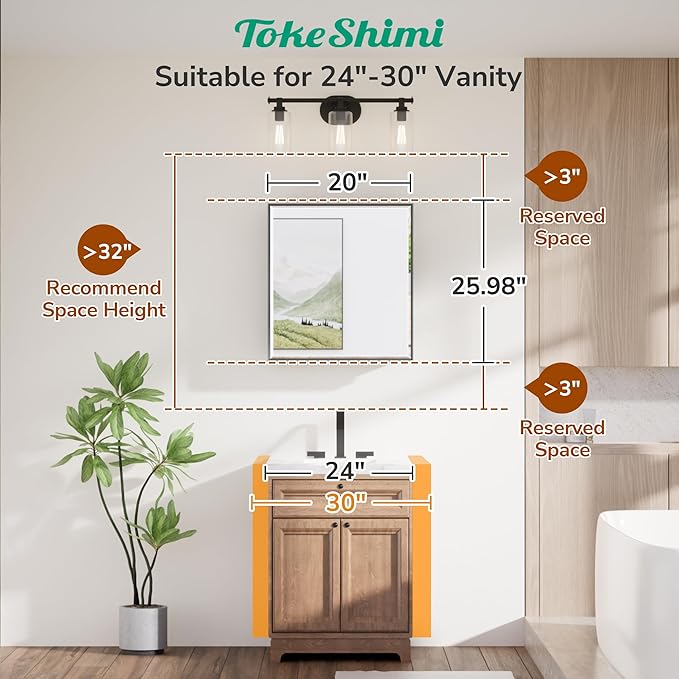 TokeShimi 20 x 26 Recessed Medicine Cabinet with Mirror Surface Mounted, Metal Beveled Mirror with Storage for Bathroom Vanity, Aluminum Alloy White Medicine Cabinet Mirrored