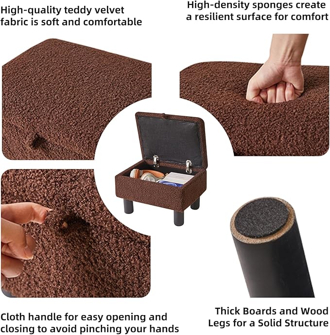 Small Foot Stool Ottoman with Storage, Teddy Velvet Foot Rest with Wood Legs and Safety Hinge Flip Top, Bedside Step Stool Rectangle 16x12x9.5inch for Living Room Bedroom Teddy Brown YD-JD136B