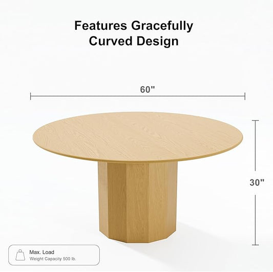 Casaphoria 60" Round Dining Table, Modern Wood Kitchen Table with Cylinder Polygonal Base for Living Room & Dining Room, Easy Assembly Farmhouse Furniture for 4-6, Oak