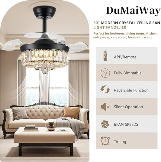 DuMaiWay 30" Chandelier Ceiling Fan with Light Crystal Fandelier Modern Reversible Ceiling Fan Dimmable Retractable Timer Remote APP Control for Dining Living Room Bedroom Black