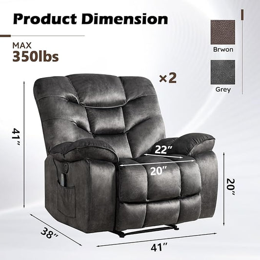 HAOMARKETS Power Recliner Chair Set of 2 with Massage and Heat, 41" Wide Electric Reclining Chairs with USB Port, Breathable Fabric Overstuffed Reclining Sofa for Living Room, Grey