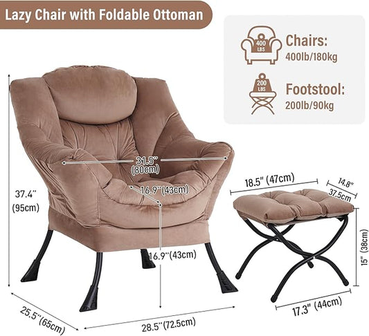 Lazy Chair with Ottoman, Modern Chair with Folding Footrest, Velvet Khaki Accent Chair, Comfortable Reading Chair, Oversized Armchairs for Bedroom, Study, Living Room, Courtyard