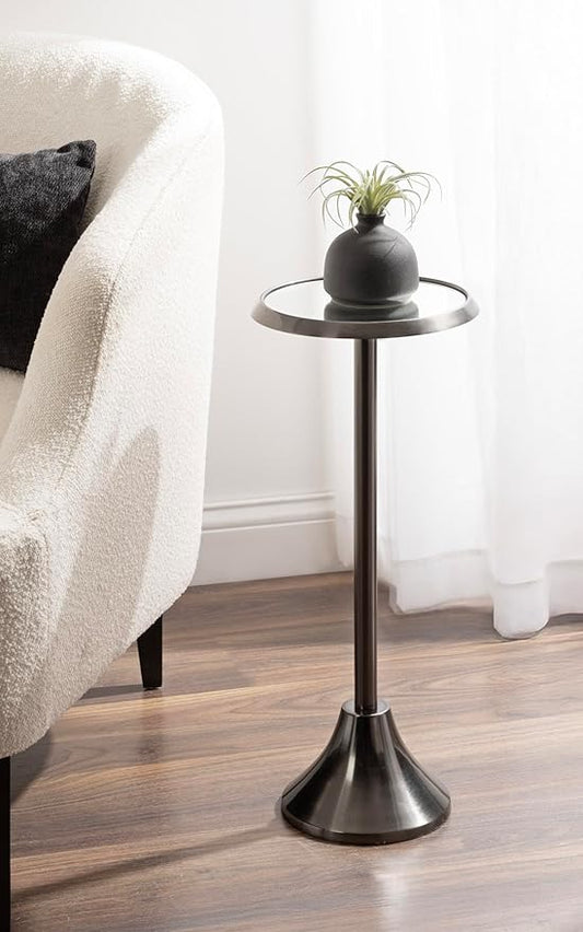 Kate and Laurel Sanzo Modern Pedestal Drink Table; 10 x 10 x 23; Gray Gunmetal; Decorative End Table with Mirrored Tabletop for Use as Small Plant Stand or Cute Martini Table