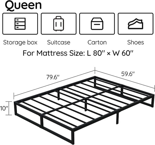 10 Inch Queen Bed Frame Metal Platform Mattress Foundation with Steel Slat Support, No Box Spring Needed, Easy Assembly, Black