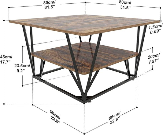 Elephance Square Coffee Table with 2-Tier Storage, 31.5 Inch Modern Tea Table for Living Room, Caramel Brown Wooden Tabletop-Almond with Black Frame