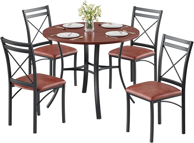 VECELO 5 Piece Dining Table Set for 4 with Chairs, Wood Grain Tabletop, Small Space, Kitchen, Breakfast Nook, Brown