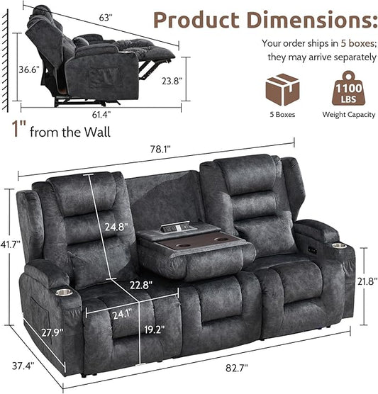 SAMERY Power Loveseat Recliner Sofa, Wall Hugger Reclining Loveseat Sofa, Movie Home Theater Seating with Flip-Backrest, Solid Wood Top, Ambient LED Lights, USB-C, Outlets, Velvet, Gray, 3 Seater | Extra Wide Seat, Plush Padding, Dual Power Recline, Fl...