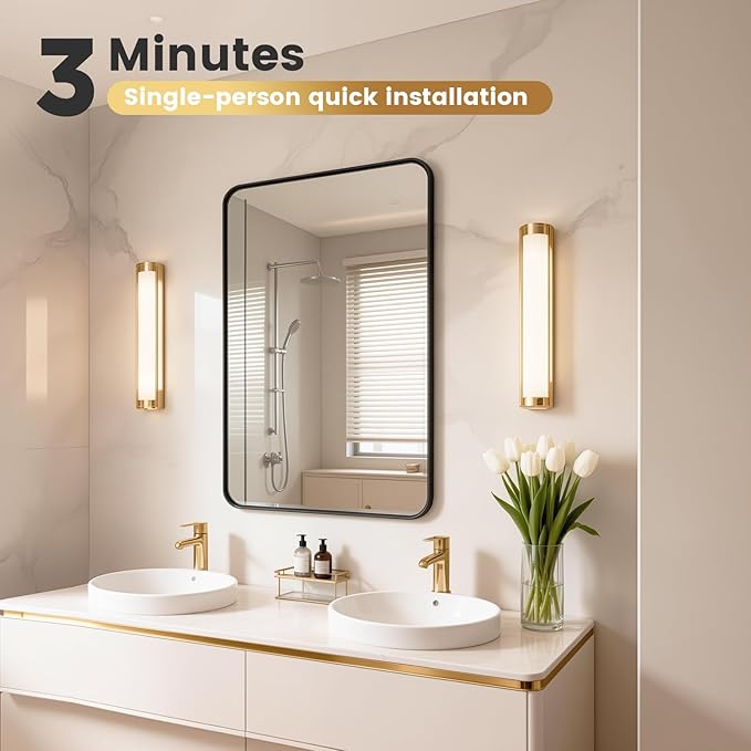 Black Bathroom Mirror for Wall Metal Framed Mirror, Large Rounded Rectangle 42" x 36" Bathroom Mirrors, Black Bathroom Mirrors for Large Spaces,Tempered Glass, Anti-Rust