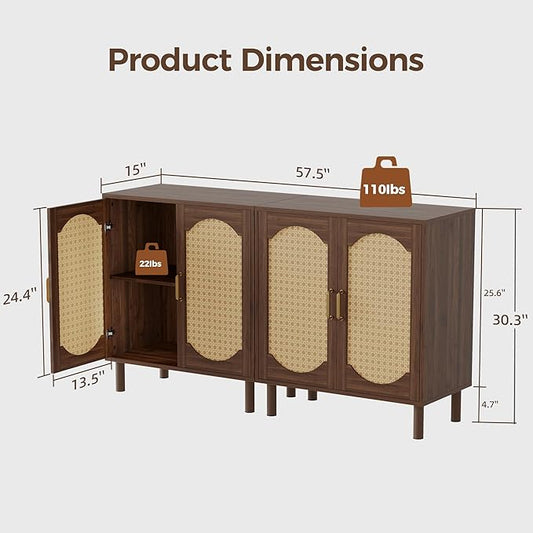 Buffet Cabinet with Storage, Imitation Rattan Arched Sideboard with Adjustable Shelves, Coffee Bar Cabinet for Kitchen, Living Room, Hallway, Entryway, Walnut, 2 PCS