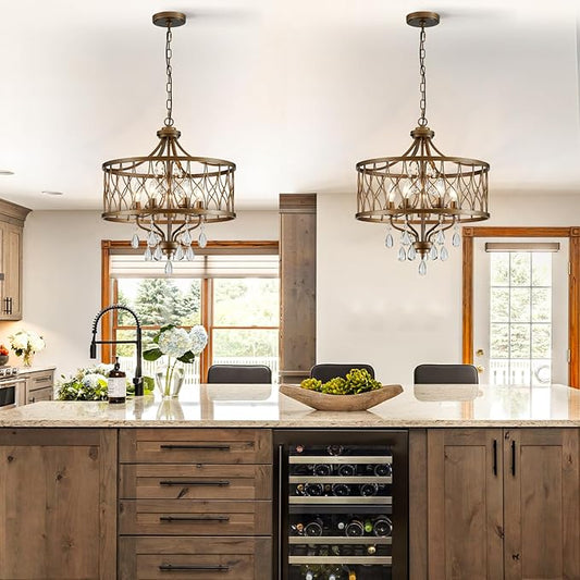 Modern Crystal Chandelier, 5-Light Farmhouse Bronze Chandelier for Dining Room Vintage Hanging Pendant Light Fixtures Round Chandelier for Kitchen Island Entryway Foyer Bedroom Office Bar