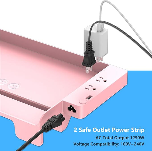 Bedside Shelf for Dorm Bunk Bed with USB Charging Port and 2 AC Outlets, Bed Side Table Tray Organizer, College Dorm Essential Clip On Bedside Tray, Loft Nightstand Decor, Plus Size, Pink