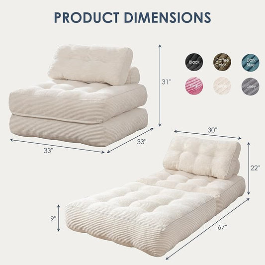 Folding Sofa Bed,Convertible Sleeper Chair for Adults, Folding Sofa Bed Foam Filling Couch with Pillow,Sleeper Chairs Single Size Floor Mattress,White