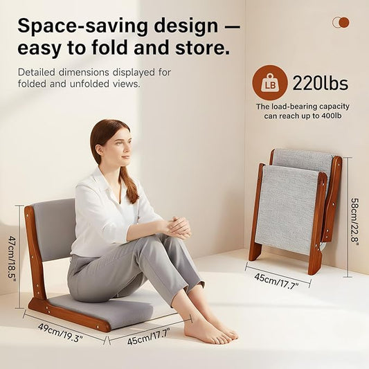 Tiita Floor Chair with Back Support, Foldable Meditation Tatami Chairs, Backrest Chair with Cushion, Living Room Chair Seat 2 Pack, Walnut Grey