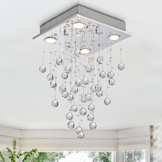 Bestier Chrome Modern Crystal Square Raindrop Chandelier Lighting Flush Mount LED Ceiling Light Fixture Pendant Lamp for Dining Room Bathroom Bedroom Livingroom 4 GU10 Bulbs Required 12" Wide 20" High