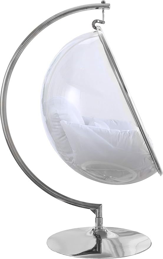 Meridian Furniture 507White Luna Collection Modern | Contemporary Clear Acrylic Accent Swing Chair with Durable Metal Base and Fabric Seat, White, Chrome Finish, 41.5" W x 29.5" D x 64" H