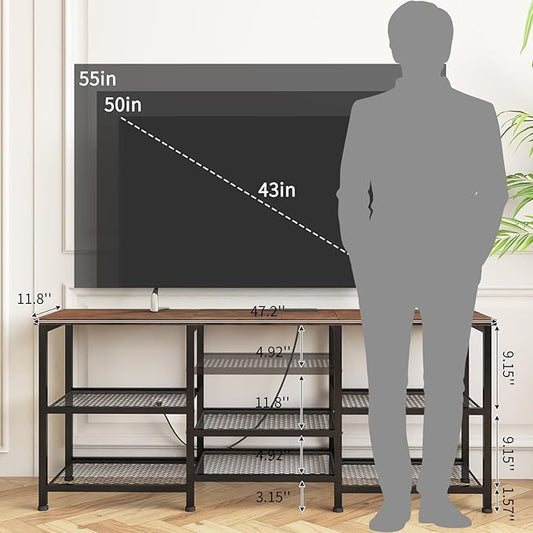 YGEOMER TV Stand for TVs Up to 55 Inches, Entertainment Center with Power Outlet and LED Lights Open Storage Shelves, TV Media Console Table for Living Room and Bedroom, Rustic Brown