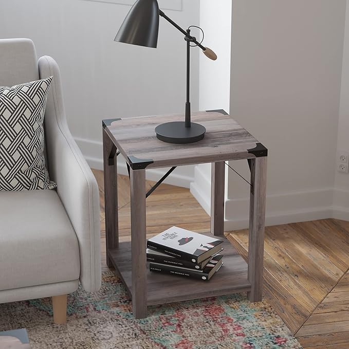 Flash Furniture Wyatt Modern Farmhouse 2 Tier Side Table - Gray Wash Engineered Wood Frame - Black Metal Crisscross Side Braces and Corner Accents