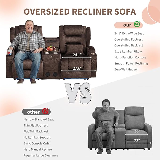 SAMERY Loveseat Recliner Sofa, Power Reclining Loveseat Sofa, Wall Hugger Recliners RV Couch with Console, Lift-Top Table, Rhythm & Ambient LED Lights, USB-C, Outlets, Velvet, Chestnut | Extra Wide Seat, Plush Padding, Dual Power Recline, Lift-Up Table...