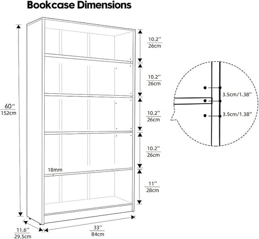 5 Tier Wooden Bookshelf, 60" H Tall Book Shelf with Adjustable Shelves, 33" Wide Bookshelf for Office, Living Room