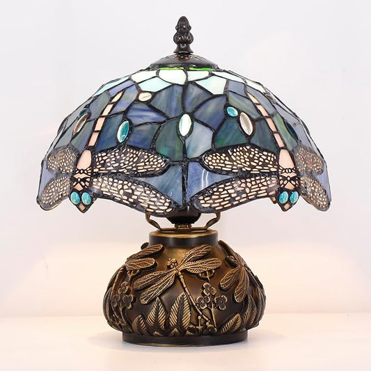 Small Tiffany Table Lamp Blue Dragonfly Style Stained Glass Desk Lamp 10X11.5 Inch Mushroom Table Light for Office Home Living Room Bedroom