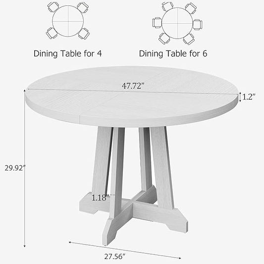 GarveeHome Round Dining Table for 4, 47 Inches Dining Room Table with Wooden Base, Kitchen Table with Circle Tabletop, Dinner Table for Dining Room, Kitchen, Living Room, White