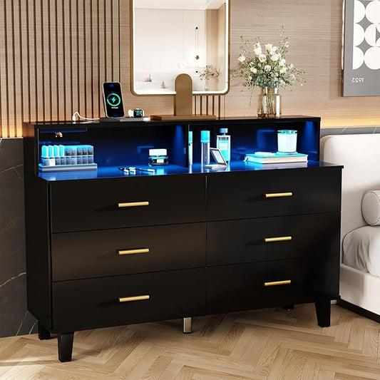 Black Dresser with LED Lights, 6 Drawer Dresser with Power Outlet for Bedroom, Large Wooden Chest of Drawers, Organizer Cabinet for Bedroom,Living Room,Hallway, Entryway