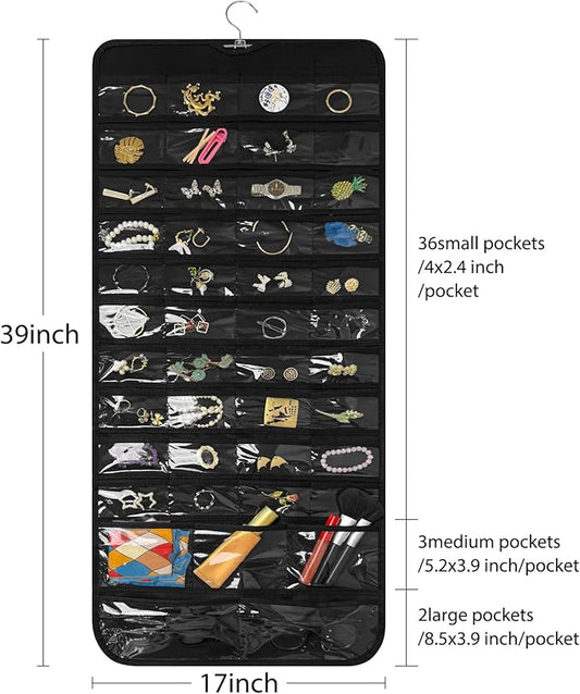 Bloss Hanging Jewelry Organizer With 90 Pockets,Earring Holder Organizer Storage For Valentine's Day Gift,Double-Sided Jewelry Holder for Earrings, Necklaces, Rings on Closet,Wall,Door(Black)