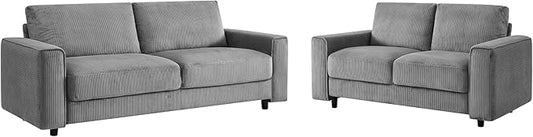 AC Pacific Derek 2 Piece Modern Corduroy Couches for Living Room, Tufted Sofas with Plush Upholstery, High-Density Foam, Sleek Black Legs, Durable Wooden Frame, Sofa and Loveseat Set, Grey