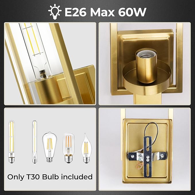 CINOTON Golden Wall Sconces Set of 2, 15" Brushed Gold Wall Mounted Lamp, Hardwired AC 120V Wall Sconces Vintage Vanity Light Fixtures with Clear Glass, Wall Lights for Living Room, Hallway, Bedroom