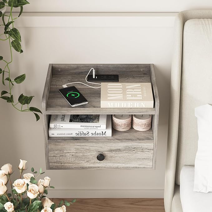 Floating Nightstand Set of 2 Modern Night Stands with Drawer and Open Shelf Cubby Small Bedside End Table with Charging Station Wall Mounted Nightstands Set 2 for Bedroom Grey
