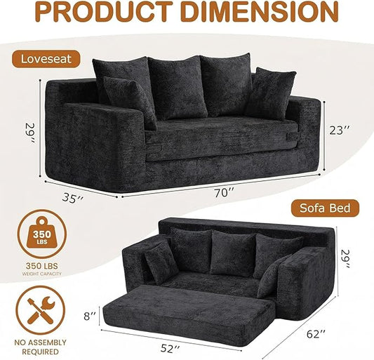 Convertible Sofa Bed, 5 in 1 Small Boneless Couch Pull Out Loveseat Sleeper Sofa,Corduroy Futon Couch Folding Mattress with 4 Pillows for Living Room Bedroom Lounge (Black, 3 Seater)