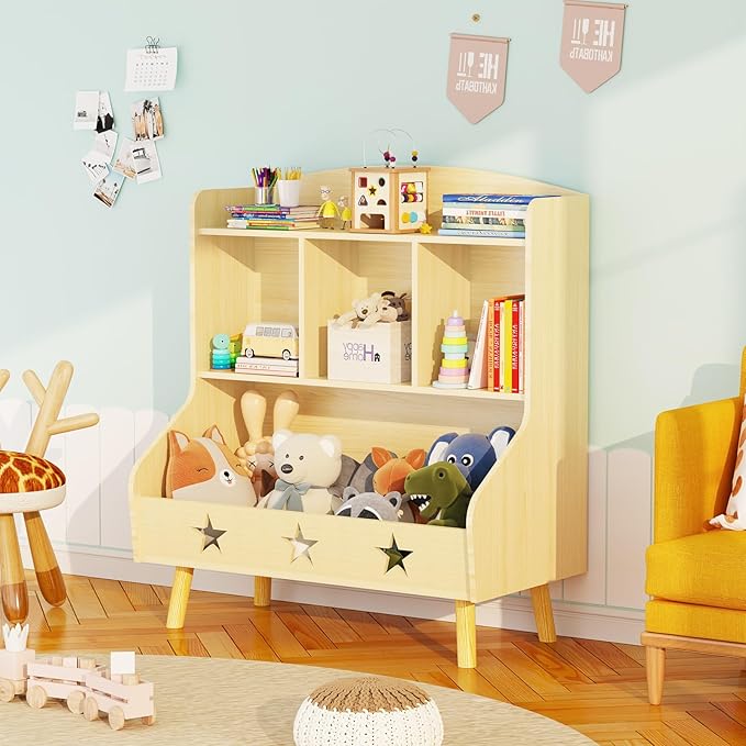 Cube Bookshelf Storage Organizer Bookcase, Wide Open Storage Bookcase for Toddlers, Freestanding Display Bookshelve, Modern Toy Shelf for Bedroom, Living Room, Nursery and Classroom(Oak)
