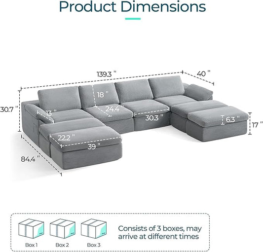 LINSY HOME 139" Modular Couch Modern Boneless Cloud Couch, U Shaped Sofa with Movable Ottomans, Deep Seat Corduroy Sectional Couches for Living Room, Apartment, No Assembly Required, Grey