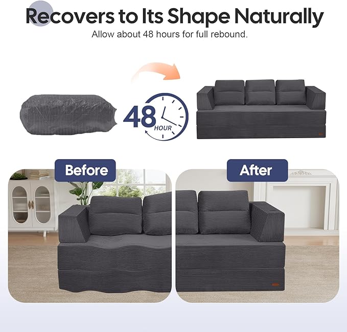 COMAX Futon Sofa Bed Queen, 79" Convertible Sofa Bed Couches for Living Room, 4 in 1 Folding Boneless Sleeper Corduroy Couch Loveseat Foam in a Box, Comfy Foldable Lounge Fold Out Floor Mattress Grey