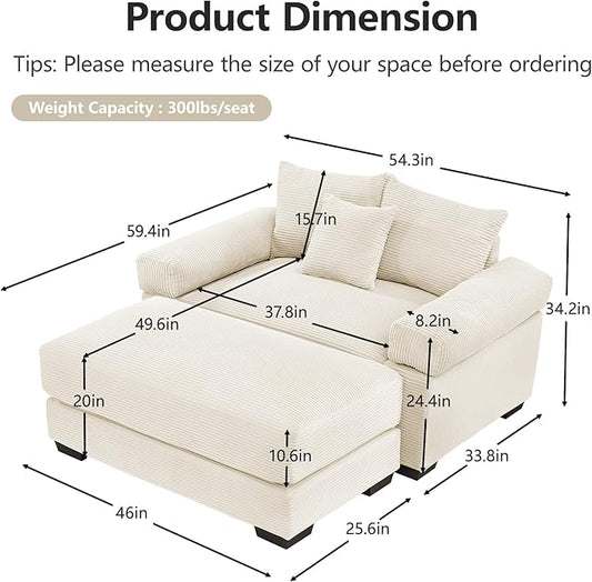 KEIKI 54" Oversized Corduroy Modular Sectional Single Sofa with 1 Ottoman, High-Density Foam Cushions, Extra-Thick Armrests, Modern 1-Seater Lounge Accent Chair with 3 Pillow, for Living Room, Beige