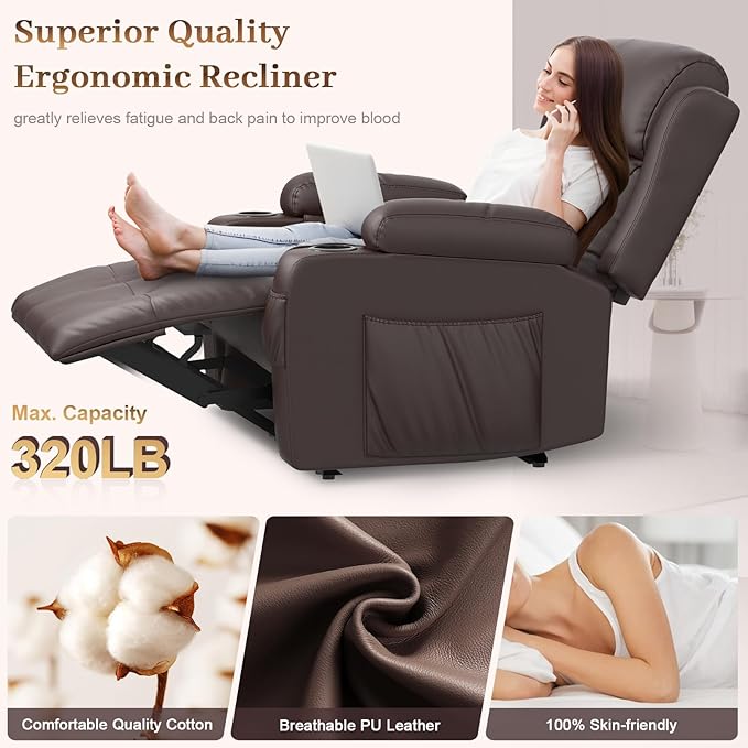 Extra Wide Seat Recliner Chair with Heat and Back Massage, Electric Power Oversized Reclining Chair Infinite Position with Storage Armrests & 2 Cup Holders for Living Room, Manual Recliners