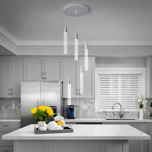 Modern Light Fixture Kitchen Island Pendant Light Dimmable LED Chrome Pendant Lights Mini Crystal Pendant Lighting for Bedroom Dining Room Living Room(5-Light )