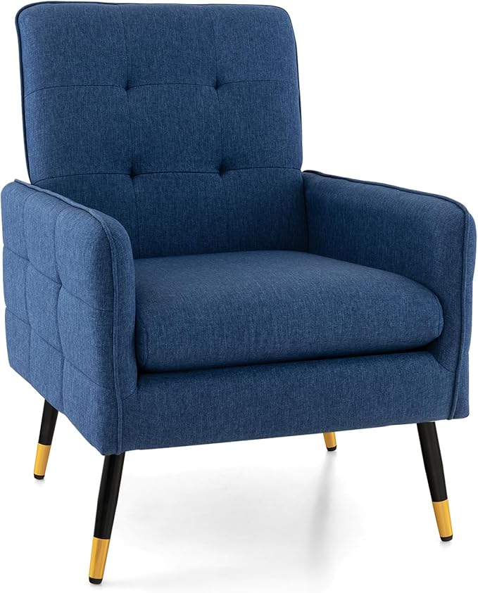 Giantex Modern Mid-Century Accent Chair - Upholstered Armchair with Tufted Back, Metal Legs, Adjustable Foot Pads, Linen Fabric Single Sofa Chair for Reading, Living Room Chair for Bedroom, Blue