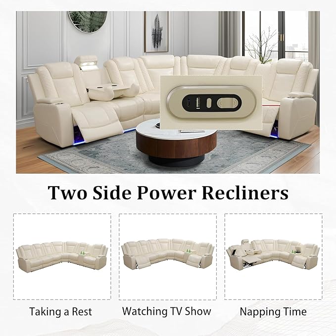 Power Recliner Sectional Sofa,Breathing Leather Reclining Sectional Couches for Living Room, Living Room Furnitures Sets with Cup Holder/USB Charge for Home Office Theater (Creamy White2)