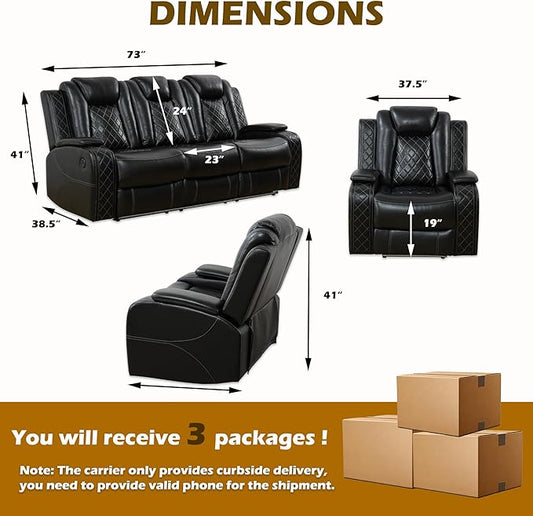 Power Recliner Sofa Set with LED, Breathing Leather Living Room Set 3 Piece, Reclining Couch and Two Chair with USB Port&Storage Console (Black)