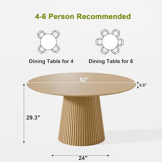 Casaphoria 52" Round Dining Table, Modern Wood Kitchen Table with Cone Grating Bar Base for Living Room & Dining Room, Easy Assembly Farmhouse Furniture for 4-6, Oak