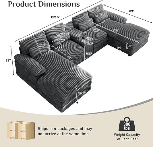133" Oversized U Shaped Cloud Couch Modular Sectional Couches for Living Room Comfy Corduroy Deep Seat Sofa Set with Double Chaise Lounge, Storage Central Console, Cup Holders, USB Port, Dark Grey