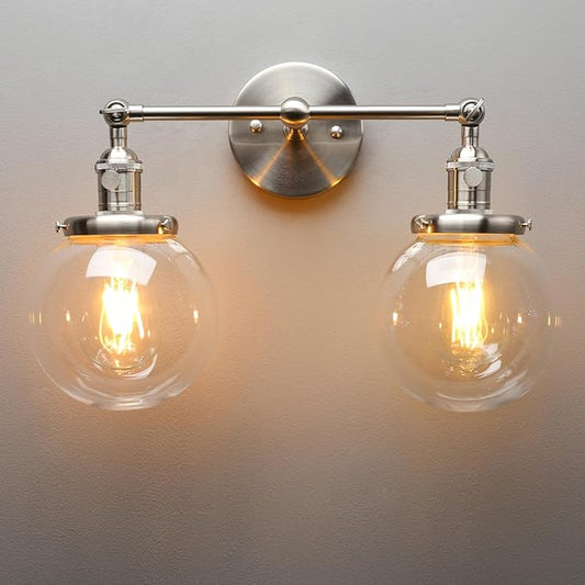 PERMO Double Sconce Vintage Industrial Antique 2-Lights Wall Sconces with Dual Mini 5.9" Round Clear Glass Globe Shade (Brushed Nickel)