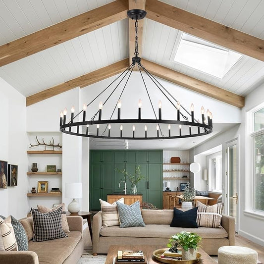 Black Extra Large Wagon Wheel Chandelier, 60 inch 30 Lights Farmhouse Chandelier, Industrial Candle Round Pendant Light Fixture for High Ceiling Living Room Dining Room Entryway