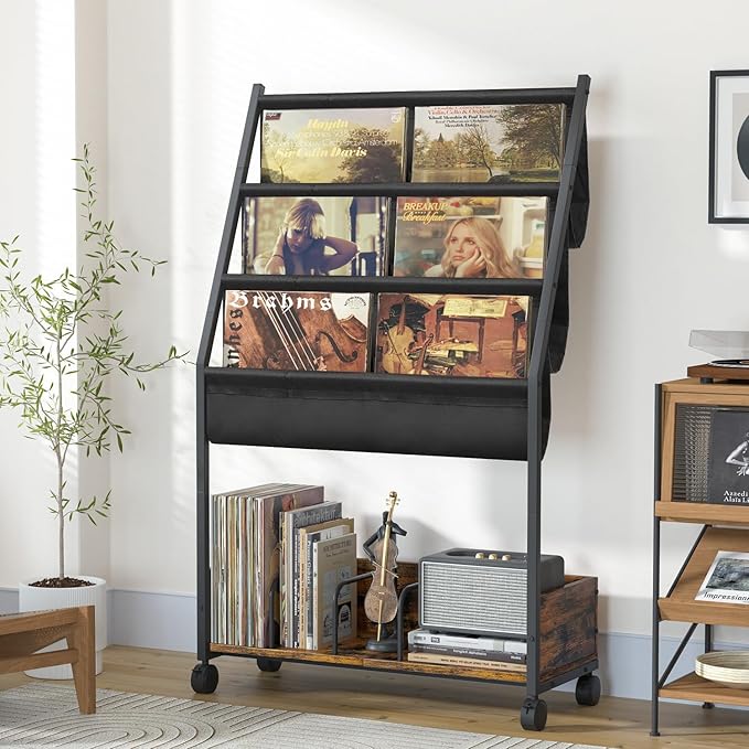 Keebofly Vinyl Record Storage, Record Holder Up to 200 Albums, Record Stand with 3 Tier Holder Display Shelf, Movable Vinyl Storage Organizer Rack, Record Cabinet for Book Magazine Turntable